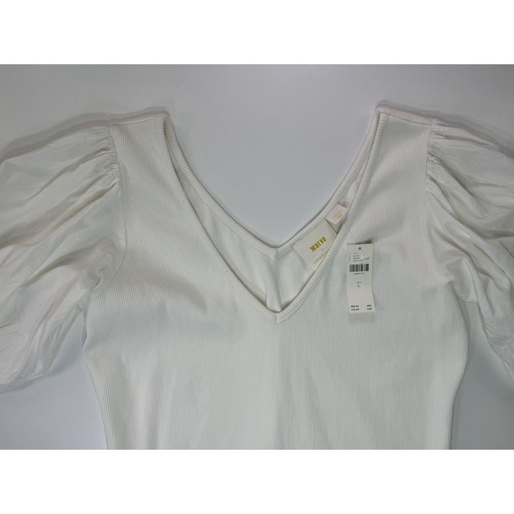 Maeve Anthropologie Shirt Womens Large White Puff Sleeve Tie Cuff V Neck Top - Picture 3 of 11